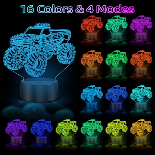 3D Monster Truck Night Light for Kids - RGB LED, Remote & Touch Control - Unique Truck Decor