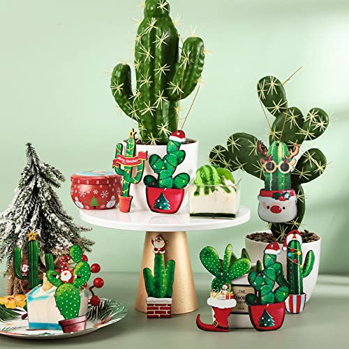 27 Pieces Christmas Tree Ornaments Set - Wooden Cactus with Santa Hat Decorations