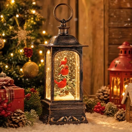 Musical Cardinal Snow Globe Lantern with Swirling Glitter - 10.6 Inch Festive Christmas Decor - 3 Cardinals Variation