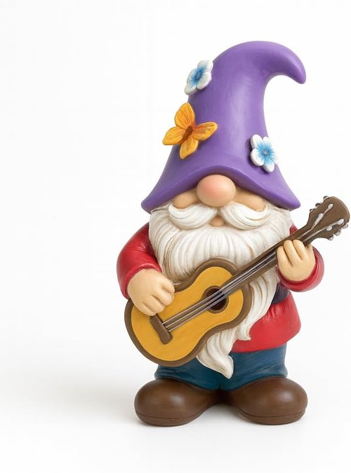GoGnome Musical Gnome Figurine - Handcrafted 6.2" Tall Resin Garden Decoration with Guitar & Purple Hat