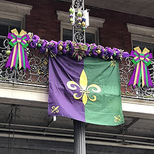 ALIBBON Large Mardi Gras Wreath Bow - Glitter Purple Green Gold Stripe