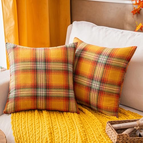 Yellow Plaid Throw Pillow Covers 16x16 Inch Set of 2 - AQOTHES