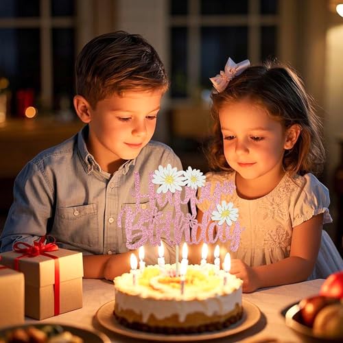 Pink Glitter Daisy Cake Topper for Birthday Parties
