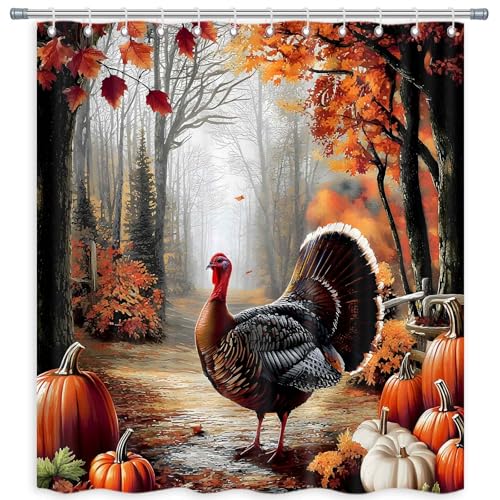 Thanksgiving Turkey Shower Curtain - 71 x 71 Inch Red Fabric Set