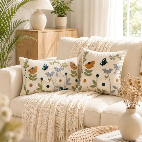Floral Embroidered Throw Pillow Cover 12x20 Inch - Blue Flowers
