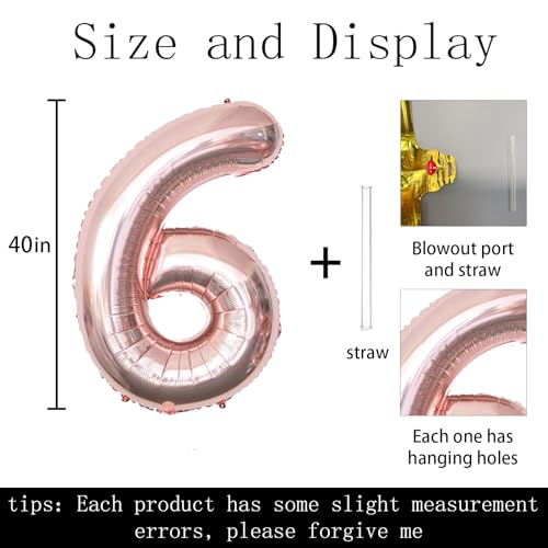 Keyali 40-Inch Rose Gold Number 6 Foil Helium Balloon for Birthday Party