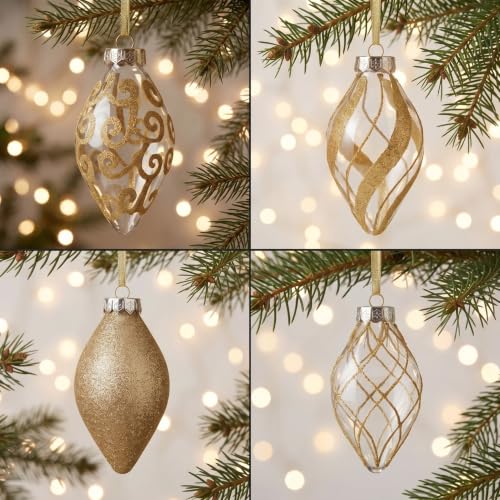 Champagne Gold Teardrop Christmas Ornaments Set - 4 Inch Finials, 12 Pieces