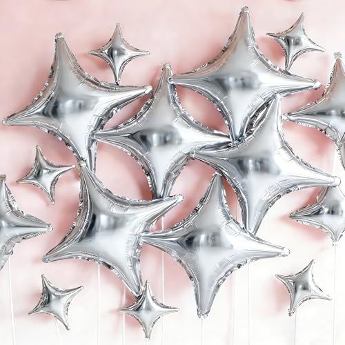 14-Pack Silver Star Foil Balloons - 26 & 10 Inch Party Decor