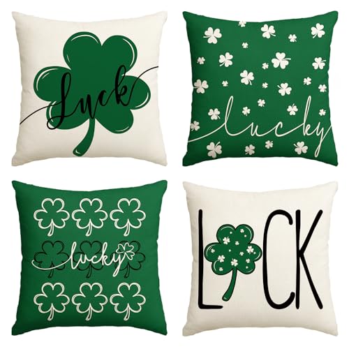 AVOIN St Patrick's Day Lucky Clover Throw Pillow Covers, 18x18 Inch (Set of 4)