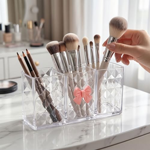 Chic Acrylic Makeup Brush Holder with Pink Bow - 3 Compartment Organizer