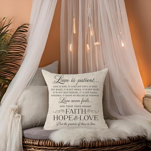 Love Is Patient Kind Motivational Throw Pillow Cover, 18x18 Cotton Linen