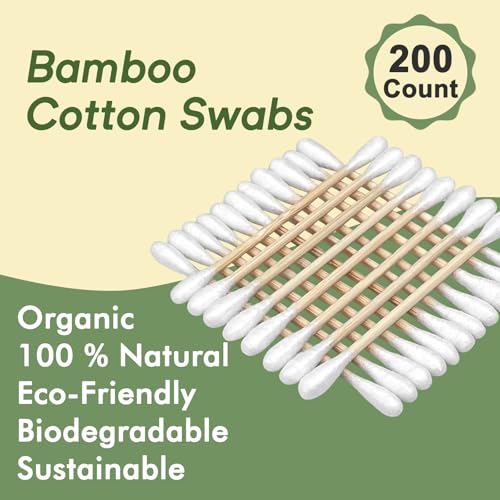 Egaageoi 200 Count Organic Bamboo Cotton Swabs with Biodegradable Sticks