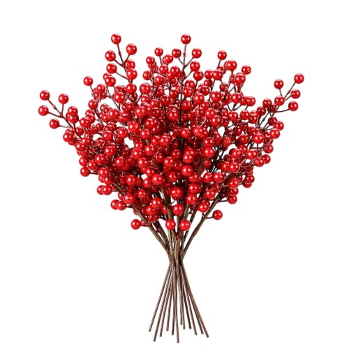 Artificial Red Berry Stems for Christmas Tree Decor - 16.9 Inches, 12 Pack