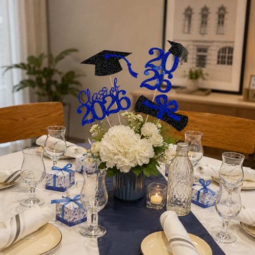 2026 Graduation Table Decorations - 16Pcs Blue Glitter Centerpieces