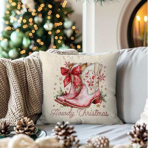 Pink Western Christmas Pillow Covers 18x18 - Cozy Cowgirl Decor