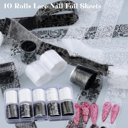 Kikonoke Lace Nail Foil Transfer Sheets - 10 Rolls Black & White Flower Decals