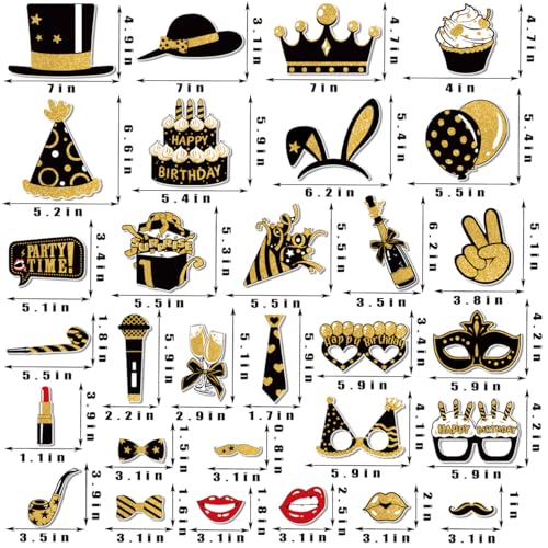 Gold 30Pcs Birthday Photo Booth Props Kit for Party Decorations