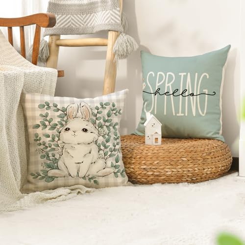 Happy Easter Buffalo Plaid Rabbit Throw Pillow Cover - 18x18
