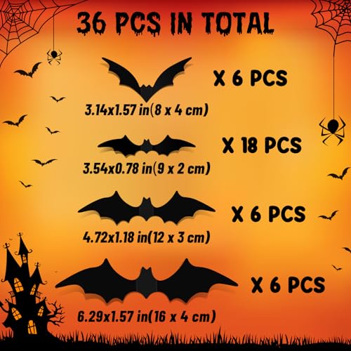 36 Pcs Halloween Bat Wall Stickers - Realistic 3D PVC Decor