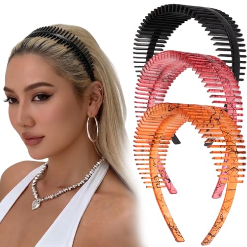 AHONEY Non-Slip Comb Headbands with Teeth - 3 Pack Zig Zag Hairbands