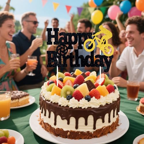 Bicycle Happy Birthday Cake Topper - Glittery Decor for Parties