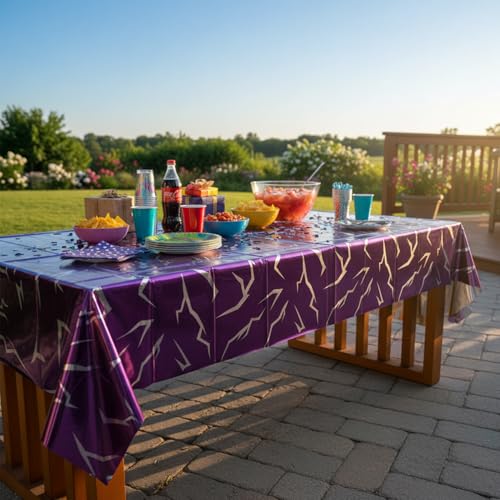 Iridescent Holographic Tablecloth 2-Pack, Purple Lightning Party Table Cover