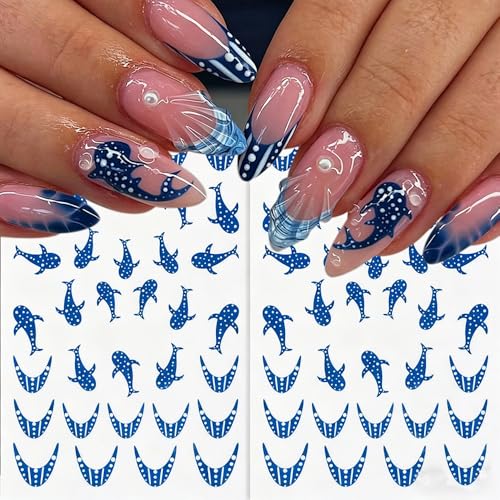 Blue Whale Nail Stickers 4-Sheet Self-Adhesive Ocean Nail Decals