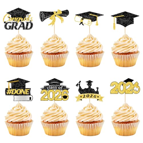 40Pcs Graduation Cupcake Toppers - Class of 2026 Black Gold