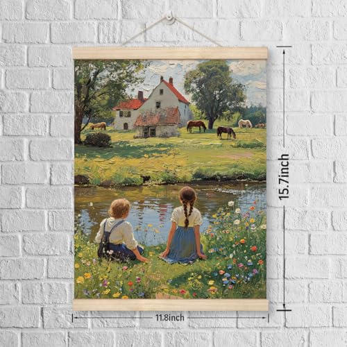 Vintage Countryside Landscape Canvas Wall Art, Farmhouse Hanging Poster 12x16