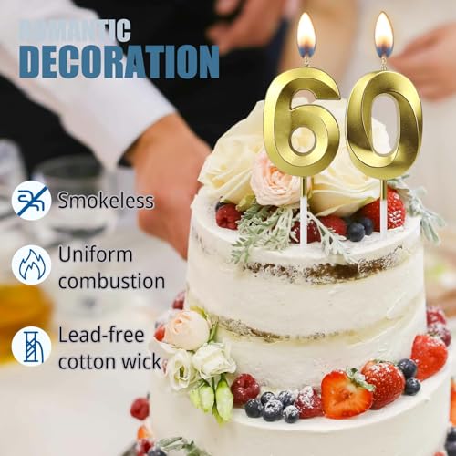 3D Gold Birthday Candles for 60th Anniversary Cake Topper