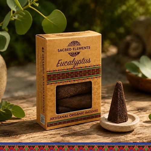 Eucalyptus Organic Incense Cones - Sacred Elements (Pack of 4) | Handcrafted, Low Smoke Aromatherapy for Relaxation