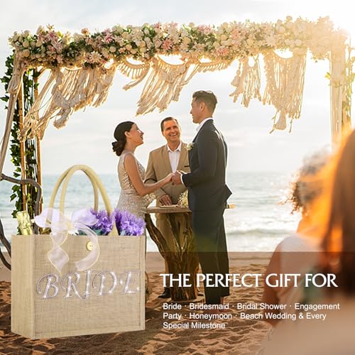 Large Jute Bride Tote Bag with Gold Trim & Ribbon - Wedding Gift