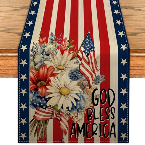 Patriotic Table Runner 13x72 Inches - Red White Blue Decor