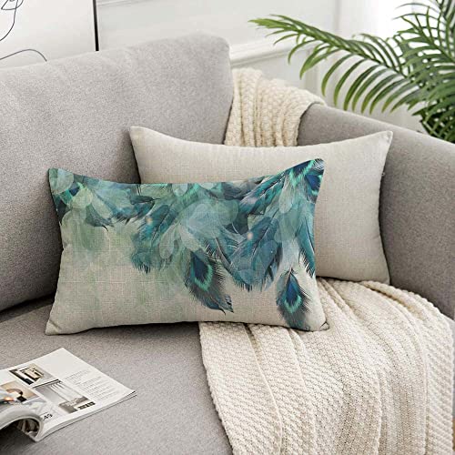 Peacock Feather Throw Pillow Cover, Watercolor Blue & Green, 12x20 Inch