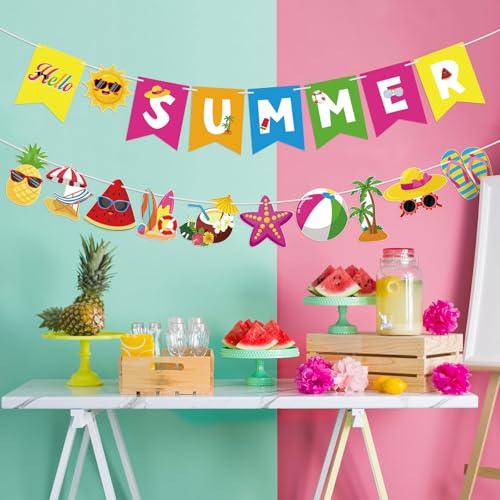 Hello Summer Banner - Colorful Pool Party Decorations