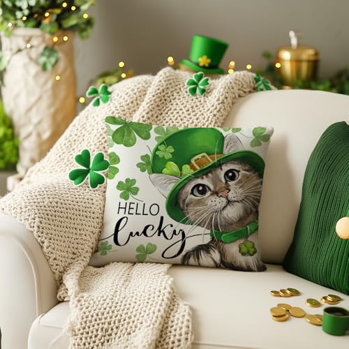 St. Patrick's Day Decorative Pillow Cover 18x18 Inch - Cat Clover Design