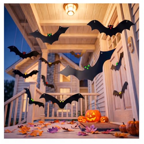 Halloween Hanging Bats 12 Pack - 3D Realistic Plastic Flying Bat Decorations for Indoor & Outdoor Yard Lawn
