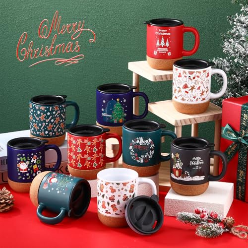 Christmas Ceramic Coffee Mug Set with Cork Bottom Spill Proof Lids - 12oz