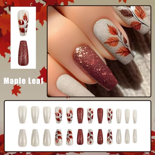 Fall Maple Leaf Press on Nails Medium Coffin Fake Nails with Glitter