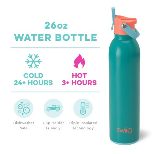 Swig Life 26oz Insulated Water Bottle, Travel Water Bottle with Straw and Lid, Cup Holder Friendly, Stainless Steel with Lid (Peak Season)