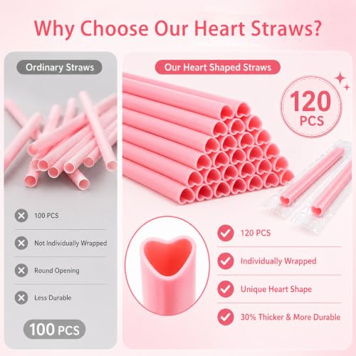 120PCS Heart Shaped Pink Straws - Individually Wrapped Disposable Straws for Parties