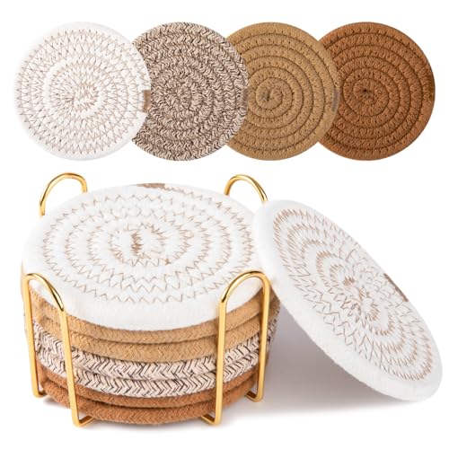 OIAHOMY Yellow 8 Pcs Woven Cotton Coaster Set with Holder