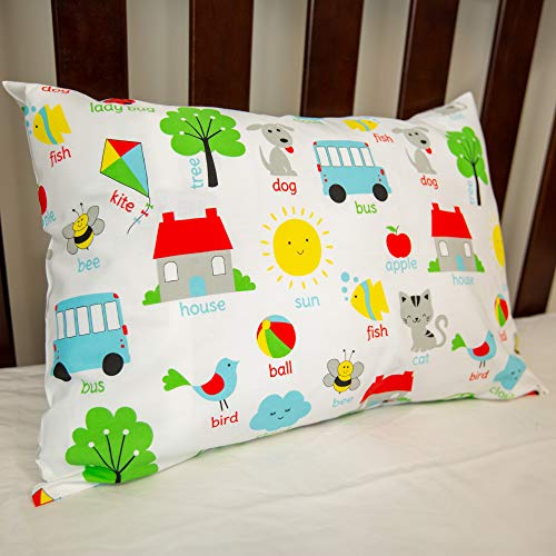 Toddler Pillowcase 'Words' - 100% Cotton, Machine Washable, 13x18 & 14x19