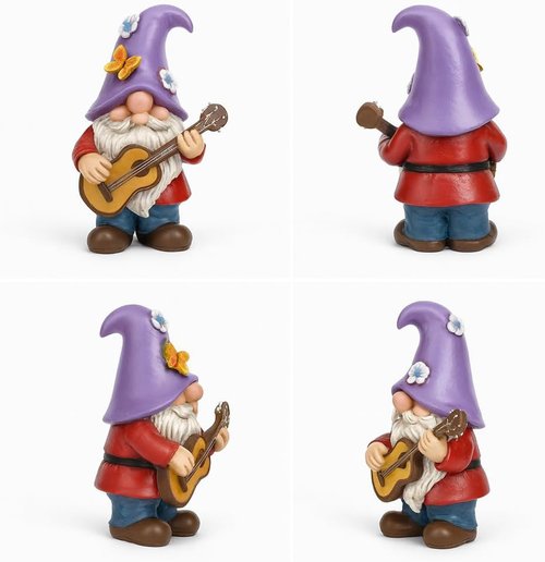 GoGnome Musical Gnome Figurine - Handcrafted 6.2" Tall Resin Garden Decoration with Guitar & Purple Hat