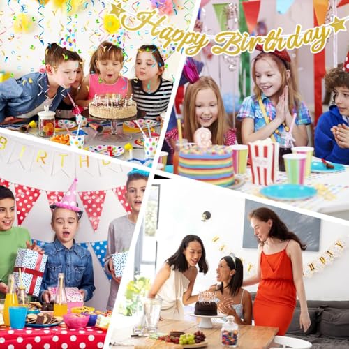 Golden Glitter Happy Birthday Banner with Star Decor and Hanging Ribbon