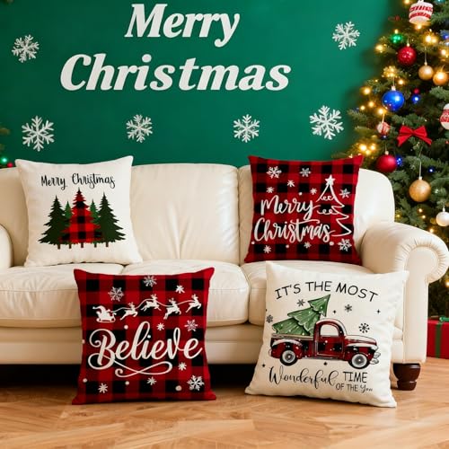 Red-Black Christmas Pillow Covers, 18x18 Inch Linen Throw Pillowcase - Set of 4