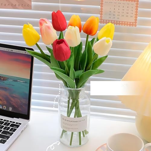 Colorful 15PCS Real Touch Artificial Tulips - 14" Silk Faux Flowers