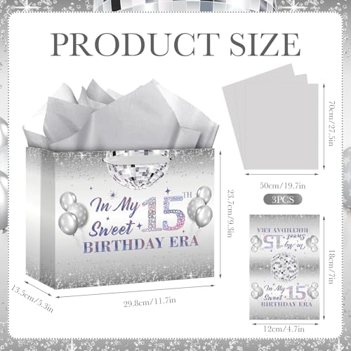 Iridescent 15th Birthday Gift Bag Set with Wrapping Paper and Card
