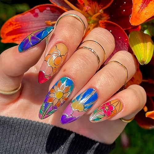 FIEONCIY Glossy Almond Press On Nails with Floral Designs and Charms