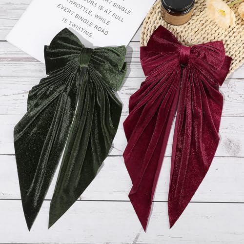 Aileam Velvet Hair Bows for Women and Girls, 2-Piece Oversized Hair Ribbon Clips with Long Tails, Green & Wine Red